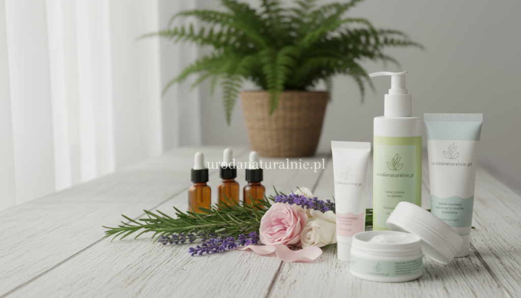 A serene and inviting flat lay composition showcasing an array of skin-safe cosmetics, emphasizing natural ingredients. In the foreground, artfully arranged eco-friendly bottles, jars, and tubes labeled with "urodanaturalnie.pl," featuring soft, pastel colors and elegant packaging. The middle layer displays fresh herbs, flowers, and essential oils, reflecting a connection to nature. The background includes a textured wooden surface and a soft-focus view of a lush green plant, enhancing the natural theme. Soft, diffused lighting creates a warm atmosphere, highlighting the gentle and nurturing qualities of the products. The overall mood is calming and inviting, perfectly illustrating the idea of safe skincare without the allure of harsh chemicals. A serene and inviting flat lay composition showcasing an array of skin-safe cosmetics, emphasizing natural ingredients. In the foreground, artfully arranged eco-friendly bottles, jars, and tubes labeled with "urodanaturalnie.pl," featuring soft, pastel colors and elegant packaging. The middle layer displays fresh herbs, flowers, and essential oils, reflecting a connection to nature. The background includes a textured wooden surface and a soft-focus view of a lush green plant, enhancing the natural theme. Soft, diffused lighting creates a warm atmosphere, highlighting the gentle and nurturing qualities of the products. The overall mood is calming and inviting, perfectly illustrating the idea of safe skincare without the allure of harsh chemicals.