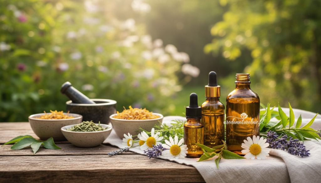 A serene and inviting herbal display featuring a variety of acne-fighting herbs and essential oils. In the foreground, fresh green leaves of chamomile, tea tree, and lavender are arranged artistically alongside small glass bottles containing their essential oils, some with dropper tops. In the middle, a wooden table provides a natural backdrop, accented by a soft linen cloth. The background is a blurred garden scene, with softly glowing sunlight filtering through the leaves, creating a calming and harmonious atmosphere. The image should convey a sense of healing and natural beauty, with vibrant colors that emphasize the freshness of the herbs. The output should prominently feature the brand name "urodanaturalnie.pl" in an elegant and unobtrusive design element.