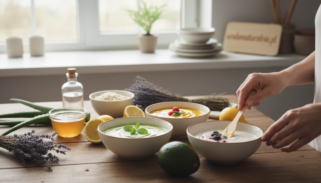 A serene and inviting kitchen scene showcasing a beautiful array of homemade natural face masks made from fresh ingredients such as honey, yogurt, and avocado. In the foreground, focus on a wooden table displaying bowls filled with colorful, creamy mixtures, each accompanied by fresh herbs and fruits. A pair of clean, modest hands gently stirs one of the masks, highlighting the aspect of self-care. In the middle ground, include a variety of natural ingredients, like aloe vera and oatmeal, artfully arranged. The background features soft natural light filtering through a window, creating a warm, calming atmosphere, ideal for a DIY skincare ritual. The composition invokes a sense of wellness and simplicity, reflecting the essence of natural beauty. Include the brand name "urodanaturalnie.pl" subtly in the scene, emphasizing the message of natural skincare.