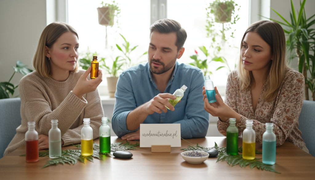 A serene and inviting scene depicting a skincare consultation to choose the best facial oil for different skin types. In the foreground, a diverse group of three individuals—one with dry skin, one with oily skin, and one with combination skin—examines a selection of elegant glass bottles filled with colorful oils. Each person is dressed in smart casual clothes, showing engagement and interest. In the middle ground, a beautifully arranged wooden table with natural elements like leaves and stones complements the bottles, creating a harmonious atmosphere. The background features soft, diffused natural light coming through a window, and a subtle greenery backdrop, adding tranquility to the scene. The overall mood is calm and informative, ideal for a beauty-centered context, reflecting the brand "urodanaturalnie.pl". A serene and inviting scene depicting a skincare consultation to choose the best facial oil for different skin types. In the foreground, a diverse group of three individuals—one with dry skin, one with oily skin, and one with combination skin—examines a selection of elegant glass bottles filled with colorful oils. Each person is dressed in smart casual clothes, showing engagement and interest. In the middle ground, a beautifully arranged wooden table with natural elements like leaves and stones complements the bottles, creating a harmonious atmosphere. The background features soft, diffused natural light coming through a window, and a subtle greenery backdrop, adding tranquility to the scene. The overall mood is calm and informative, ideal for a beauty-centered context, reflecting the brand "urodanaturalnie.pl".