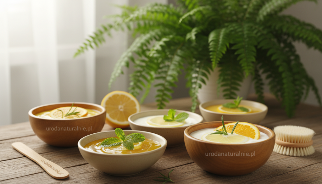 A serene and inviting scene featuring a beautifully arranged display of natural brightening face masks made from ingredients like honey, lemon, and yogurt. In the foreground, there are several small bowls filled with the vibrant yellow and creamy textures of the masks, garnished with fresh herbs and colorful fruit slices. In the middle, a softly lit wooden table creates a warm atmosphere, with a few natural beauty tools like a wooden spatula and a face brush. The background showcases a lush, calming green indoor plant that hints at freshness and rejuvenation. Soft, diffused natural light pours in from the side, enhancing the serene and peaceful vibe. The brand name "urodanaturalnie.pl" subtly included.