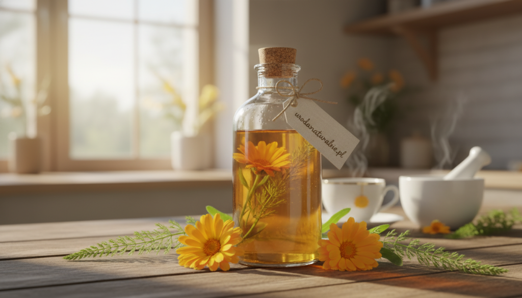 A serene and inviting scene featuring a glass bottle of herbal tonic made from horsetail and calendula, elegantly placed on a wooden table. In the foreground, a few fresh calendula flowers and horsetail sprigs are artistically arranged beside the bottle. The middle ground displays a softly blurred background of a sunlit kitchen or wellness space, with warm, natural lighting filtering through a window, casting gentle shadows. The atmosphere is calming and rejuvenating, perfect for highlighting natural skincare remedies. To enhance authenticity, include a subtle hint of the brand name "urodanaturalnie.pl" artistically integrated into the environment, ensuring it blends harmoniously without drawing attention away from the main subject. A serene and inviting scene featuring a glass bottle of herbal tonic made from horsetail and calendula, elegantly placed on a wooden table. In the foreground, a few fresh calendula flowers and horsetail sprigs are artistically arranged beside the bottle. The middle ground displays a softly blurred background of a sunlit kitchen or wellness space, with warm, natural lighting filtering through a window, casting gentle shadows. The atmosphere is calming and rejuvenating, perfect for highlighting natural skincare remedies. To enhance authenticity, include a subtle hint of the brand name "urodanaturalnie.pl" artistically integrated into the environment, ensuring it blends harmoniously without drawing attention away from the main subject.