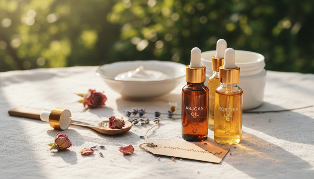 A serene and inviting scene showcasing an elegant flat lay of various oils suitable for dry skin, arranged artfully on a soft cloth. In the foreground, display small glass bottles filled with nourishing oils like jojoba, argan, and rosehip, their rich colors glowing in natural light. Include a dropper, a small wooden spoon, and scattered dried flowers to enhance the organic feel. In the middle ground, soft-focus skincare products complement the oils, hinting at their application. The background should be a subtle, blurred nature setting with gentle sunlight filtering through leaves, creating a warm and soothing atmosphere. This composition reflects the essence of self-care for dehydrated skin, with the brand "urodanaturalnie.pl" subtly integrated into the arrangement without distractions. A serene and inviting scene showcasing an elegant flat lay of various oils suitable for dry skin, arranged artfully on a soft cloth. In the foreground, display small glass bottles filled with nourishing oils like jojoba, argan, and rosehip, their rich colors glowing in natural light. Include a dropper, a small wooden spoon, and scattered dried flowers to enhance the organic feel. In the middle ground, soft-focus skincare products complement the oils, hinting at their application. The background should be a subtle, blurred nature setting with gentle sunlight filtering through leaves, creating a warm and soothing atmosphere. This composition reflects the essence of self-care for dehydrated skin, with the brand "urodanaturalnie.pl" subtly integrated into the arrangement without distractions.