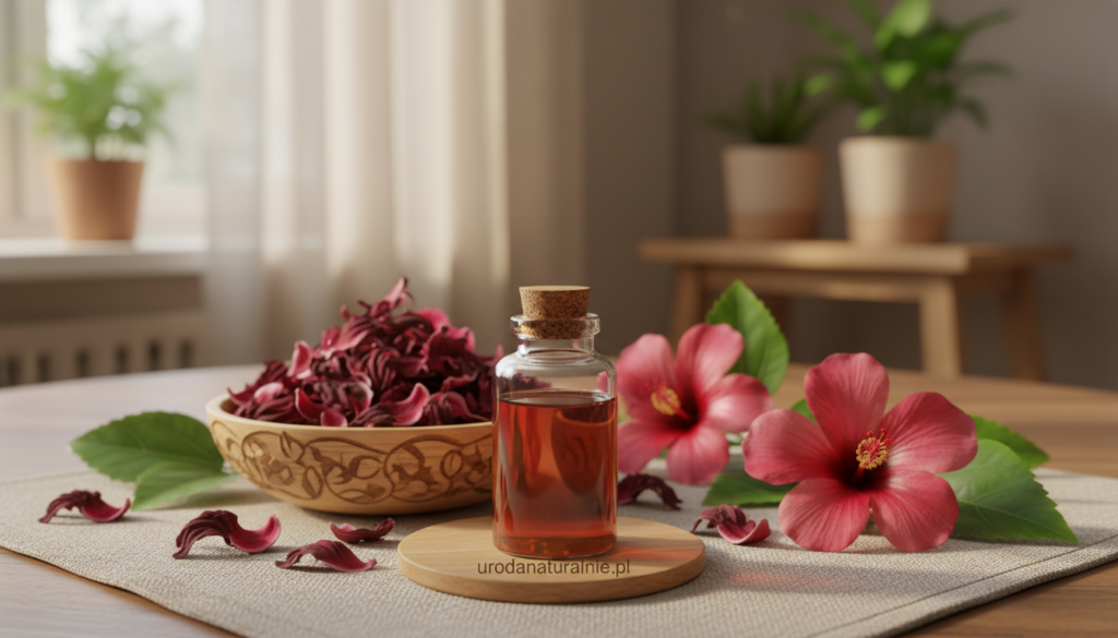 A serene and inviting still life composition featuring vibrant hibiscus flowers, their rich reds and pinks contrasting beautifully against lush green leaves. In the foreground, a small glass bottle filled with hibiscus-infused oil glimmers softly, hinting at skincare benefits. The middle ground showcases a delicate wooden bowl filled with dried hibiscus petals, emphasizing the natural aspect of beauty and wellness. The background consists of a softly blurred setting of a natural home environment, with warm, diffused sunlight filtering through, creating an uplifting atmosphere. This image should convey tranquility and the essence of natural care. Make sure to include the brand name "urodanaturalnie.pl" subtly in the composition. A serene and inviting still life composition featuring vibrant hibiscus flowers, their rich reds and pinks contrasting beautifully against lush green leaves. In the foreground, a small glass bottle filled with hibiscus-infused oil glimmers softly, hinting at skincare benefits. The middle ground showcases a delicate wooden bowl filled with dried hibiscus petals, emphasizing the natural aspect of beauty and wellness. The background consists of a softly blurred setting of a natural home environment, with warm, diffused sunlight filtering through, creating an uplifting atmosphere. This image should convey tranquility and the essence of natural care. Make sure to include the brand name "urodanaturalnie.pl" subtly in the composition.