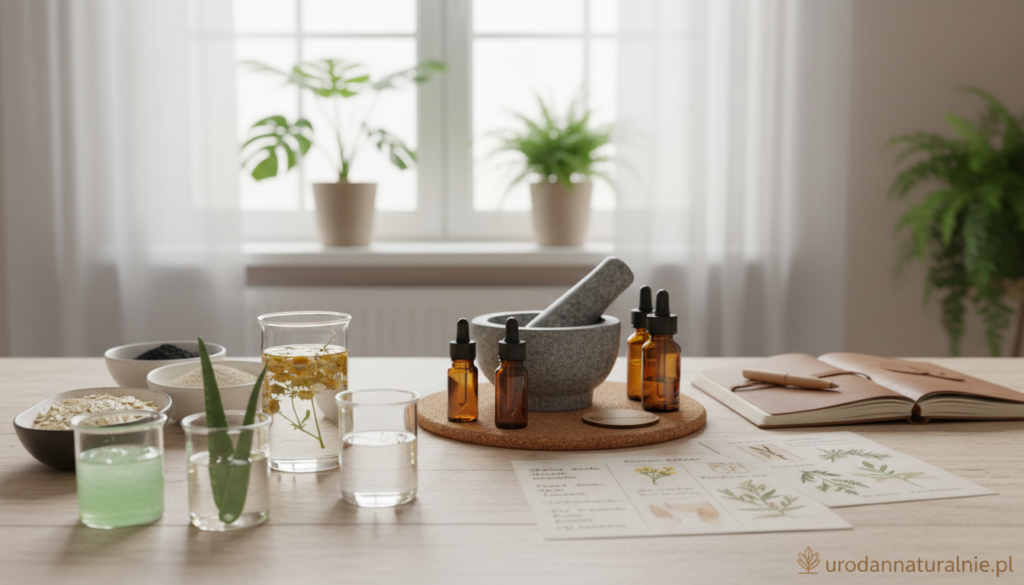 A serene and inviting workspace showcasing a selection of natural skincare ingredients tailored for various skin needs. In the foreground, elegantly arranged small glass containers filled with vibrant, organic ingredients like aloe vera, chamomile extract, and hyaluronic acid. In the middle, a well-organized wooden table featuring beauty tools such as a mortar and pestle, essential oil droppers, and a notepad with sketches of skin types and needs. The background softly blurred reveals a sunlit window with indoor plants, enhancing the natural atmosphere. Warm, diffuse lighting highlights the textures of the ingredients and creates a calm, inviting mood conducive to holistic skincare. Include the brand name "urodanaturalnie.pl" subtly incorporated into the scene.