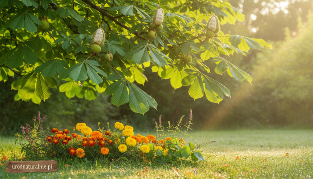 A serene and lush botanical scene featuring a healthy horse chestnut tree (Aesculus hippocastanum) with its distinctive large green leaves and spiky seed pods in the foreground, contrasted by vibrant orange and yellow marigolds (Tagetes) blooming among the grass. The horse chestnut tree should be depicted with dappled sunlight filtering through its branches, casting gentle shadows on the ground. In the middle ground, various delicate herbs associated with vascular support can be subtly placed, enhancing the theme. The background should include softly blurred greenery to create depth and a sense of tranquility. The overall atmosphere should evoke a sense of natural beauty and healing, with warm and inviting lighting. The image should reflect the essence of urodnaturalnie.pl by showcasing these natural elements harmoniously. A serene and lush botanical scene featuring a healthy horse chestnut tree (Aesculus hippocastanum) with its distinctive large green leaves and spiky seed pods in the foreground, contrasted by vibrant orange and yellow marigolds (Tagetes) blooming among the grass. The horse chestnut tree should be depicted with dappled sunlight filtering through its branches, casting gentle shadows on the ground. In the middle ground, various delicate herbs associated with vascular support can be subtly placed, enhancing the theme. The background should include softly blurred greenery to create depth and a sense of tranquility. The overall atmosphere should evoke a sense of natural beauty and healing, with warm and inviting lighting. The image should reflect the essence of urodnaturalnie.pl by showcasing these natural elements harmoniously.