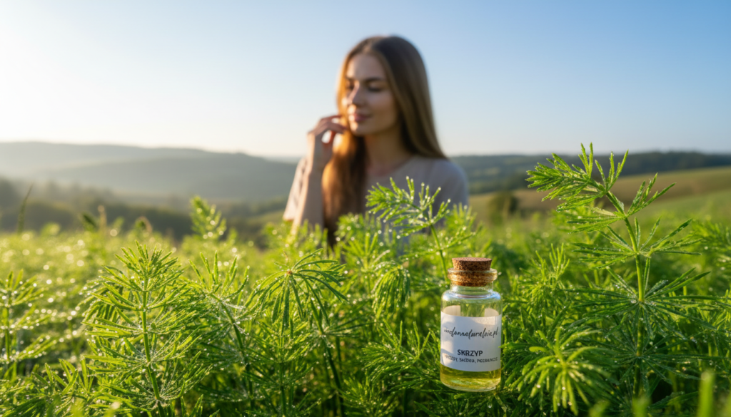 A serene and natural setting highlighting the benefits of horsetail ("skrzyp") for hair, skin, and nails. In the foreground, a lush arrangement of vibrant green horsetail plants with delicate details of leaves and stems, glistening with morning dew. The middle ground features a soft, blurred silhouette of a woman with healthy, shiny hair and a radiant complexion, adorned in modest, casual attire, gently examining the horsetail. In the background, a sun-drenched landscape showcases rolling hills and a clear blue sky, creating a fresh, uplifting atmosphere. The lighting is warm and inviting, emphasizing the vitality associated with natural remedies. The overall mood is uplifting and holistic, reflective of the brand "urodanaturalnie.pl".