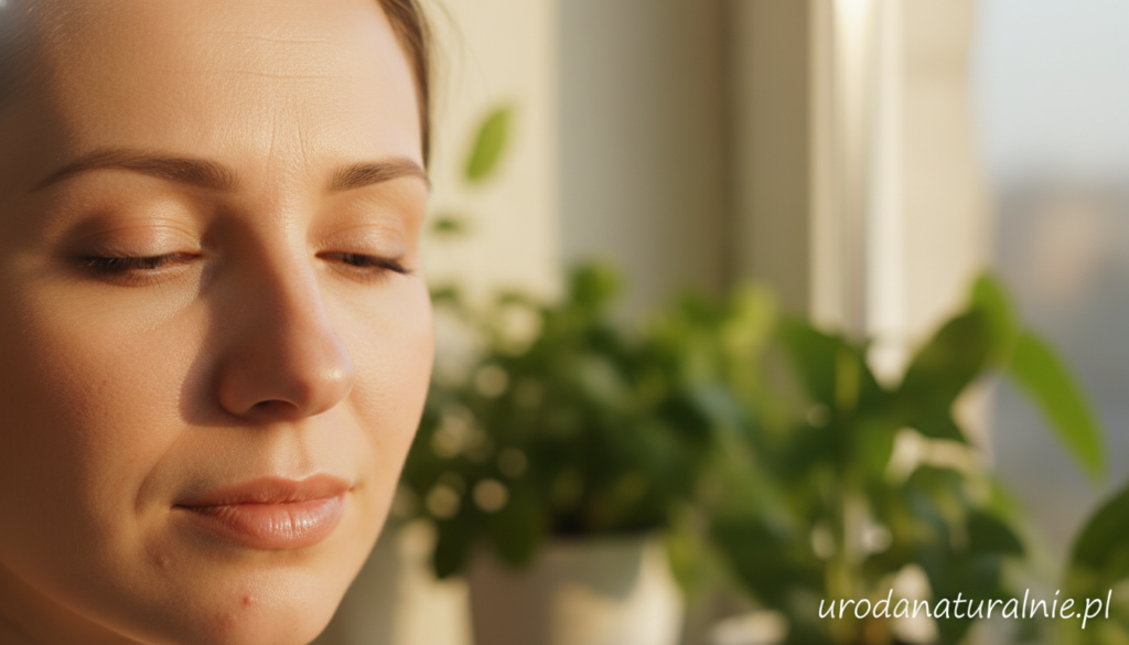 A serene and soothing close-up of a woman's face exhibiting signs of stress on her skin, highlighting various skin textures and minor imperfections. The foreground features her calm expression with soft, natural makeup, hinting at the impact of stress on her complexion. In the middle ground, blurred green plants can be seen, symbolizing nature and wellness, creating a sense of tranquility. The background shows warm, diffused sunlight filtering through a window, illuminating her face softly, and adding a golden hue to the scene. The overall mood is one of contemplation and resilience, emphasizing the effects of stress on skin health. The logo of "urodanaturalnie.pl" subtly integrated in the corner of the image.