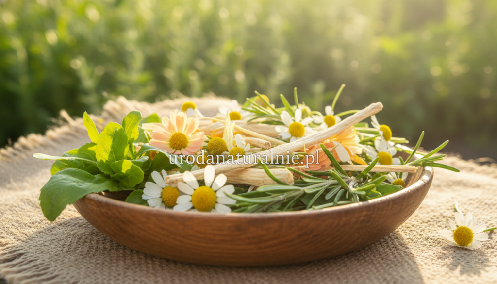 A serene arrangement of calming herbs for rosacea treatment, including chamomile, calendula, and licorice root, displayed in a rustic wooden bowl. In the foreground, the vibrant green leaves of the herbs contrast beautifully with delicate flowers in soft pastels, surrounded by natural textures like burlap. The middle background features a blurred backdrop of a sunlit herb garden, evoking a sense of tranquility and nurturing. Soft golden light illuminates the scene, creating gentle shadows that enhance the ethereal quality. The overall mood is peaceful and healing, inviting viewers into the soothing world of natural remedies. Include subtle branding of “urodanaturalnie.pl” within the arrangement, ensuring it blends harmoniously with the natural elements.