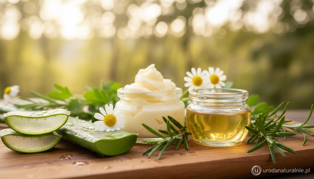 A serene arrangement of natural ingredients beneficial for dry skin, featuring shea butter, coconut oil, and aloe vera leaves arranged artistically on a smooth wooden surface. In the foreground, delicate droplets of water glisten on the aloe vera, emphasizing its hydrating properties. In the middle ground, small jars filled with creamy shea butter and golden coconut oil are surrounded by fresh green leaves and healing herbs. The background is softly blurred, showcasing a tranquil nature scene with soft natural light filtering through leaves, creating a warm and inviting atmosphere. The image should convey a sense of wellness and natural beauty, in a style that reflects the brand urodanaturalnie.pl, emphasizing the soothing and regenerative qualities of these ingredients.