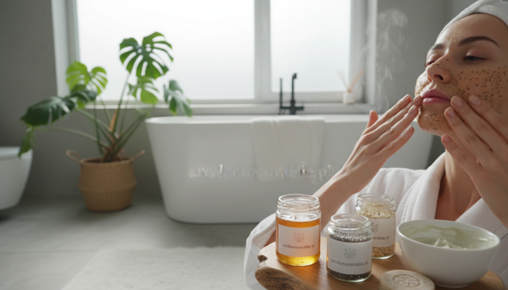 A serene bathroom setting bathed in soft, natural light, showcasing a professional aesthetician gently performing a facial cleansing treatment. In the foreground, a close-up of smooth hands applying a natural exfoliating scrub made from wholesome ingredients, emphasizing the concept of minimalistic skincare. The middle ground features a tasteful arrangement of organic skincare products like honey, oatmeal, and aloe vera, highlighting their nourishing properties for dry skin. In the background, a lush indoor plant adds a touch of tranquility and a calming atmosphere to the scene. The overall mood is relaxing and rejuvenating, reflecting the essence of natural skincare. The brand name "urodanaturalnie.pl" is subtly integrated into the scene through product labels.