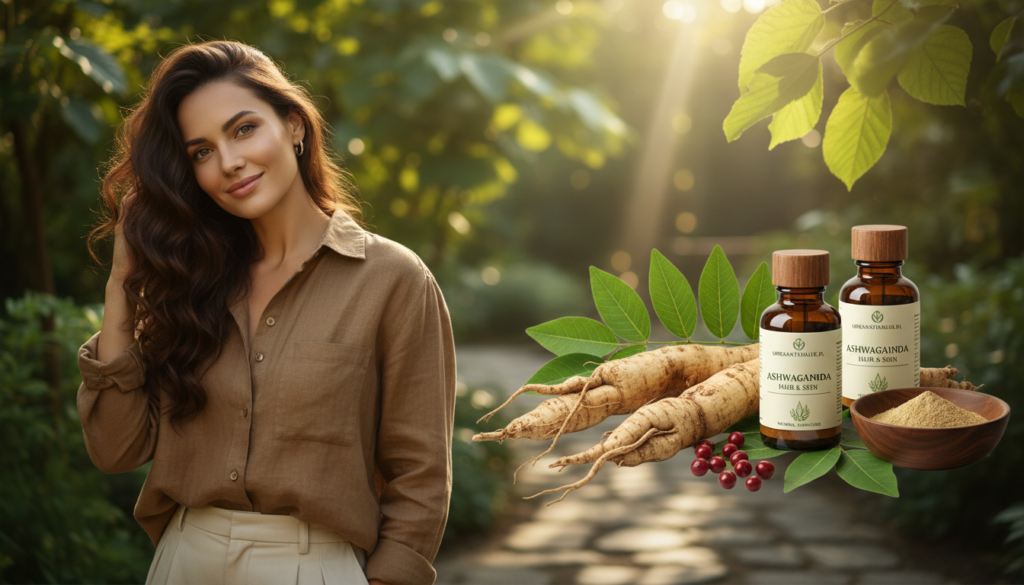 A serene beauty scene highlighting the effects of ashwagandha on hair and skin health. In the foreground, a confident woman in a modest casual outfit with healthy, glowing skin and lustrous hair stands with her hands gently caressing her hair. The middle ground features an array of natural ingredients like ashwagandha roots and leaves artistically arranged alongside bottles of hair and skin supplements from urodanaturalnie.pl. The background fades into a soft-focus view of a peaceful, sunlit garden, enhancing the tranquil atmosphere. Natural light filters through the leaves, casting gentle shadows, creating a warm and inviting mood. The image captures the essence of natural wellness and beauty, perfect for illustrating the benefits of stress reduction on skin and hair condition.