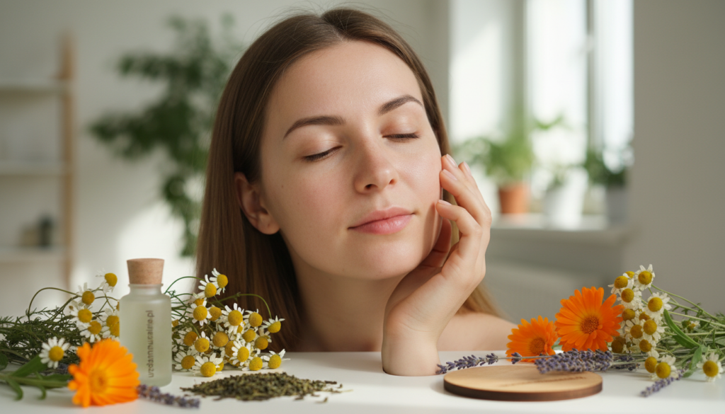 A serene close-up of a woman with sensitive, redness-prone skin, showcasing her clear, glowing complexion, while gently touching her cheek in contemplation. The foreground features soft, diffused lighting highlighting the delicate texture of her skin. In the middle, a variety of natural herbs and plants beneficial for vascular skin, such as chamomile, green tea, and calendula, are artfully arranged around her, suggesting a harmonious connection to nature. The background is softly blurred, featuring a light, airy atmosphere with hints of greenery to evoke a calming environment. The overall mood is serene and professional, inviting the viewer to understand and explore caring for sensitive skin types. Include branding elements subtly integrated into the scene, referencing urodanaturalnie.pl for a cohesive presentation. A serene close-up of a woman with sensitive, redness-prone skin, showcasing her clear, glowing complexion, while gently touching her cheek in contemplation. The foreground features soft, diffused lighting highlighting the delicate texture of her skin. In the middle, a variety of natural herbs and plants beneficial for vascular skin, such as chamomile, green tea, and calendula, are artfully arranged around her, suggesting a harmonious connection to nature. The background is softly blurred, featuring a light, airy atmosphere with hints of greenery to evoke a calming environment. The overall mood is serene and professional, inviting the viewer to understand and explore caring for sensitive skin types. Include branding elements subtly integrated into the scene, referencing urodanaturalnie.pl for a cohesive presentation.