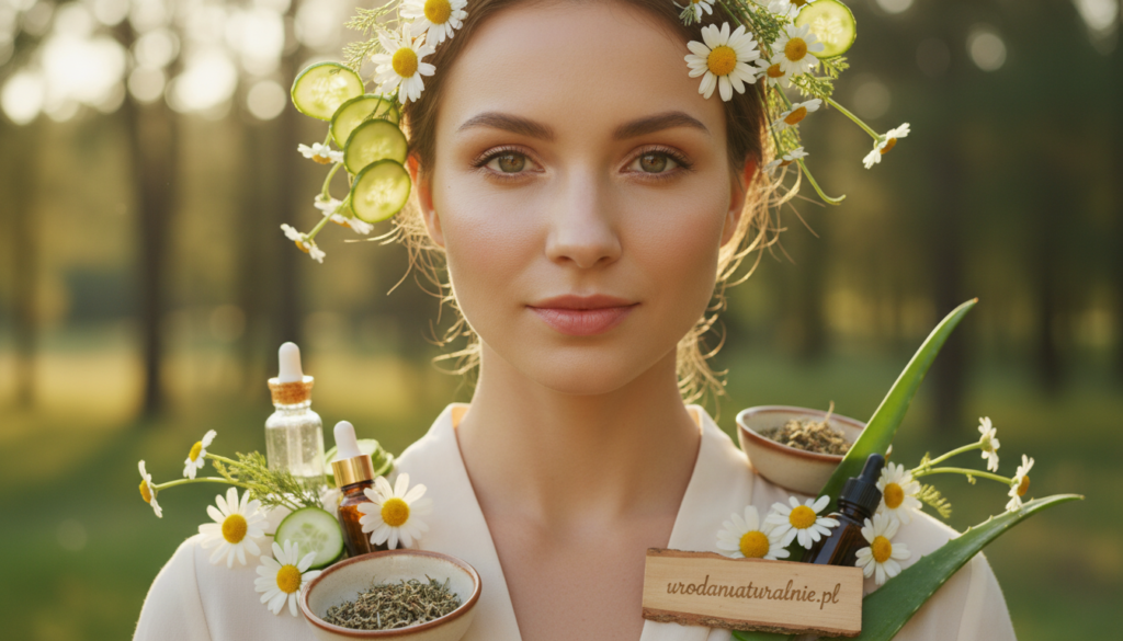 A serene close-up of a woman's face, showcasing her bright eyes and smooth skin, emphasizing the area beneath her eyes, which appears refreshed and rejuvenated. She is adorned with modest, natural makeup that highlights her features, wearing a soft, light-colored blouse. Surrounding her are various herbs and natural remedies, like chamomile, cucumber slices, and aloe vera, artistically arranged to suggest holistic beauty. The background features a softly blurred natural setting, hinting at a fresh, soothing ambiance. The lighting is warm and inviting, resembling soft daylight, enhancing the subject's radiant complexion. The composition captures a tranquil and revitalizing mood, inviting viewers to embrace natural solutions for under-eye care. The brand "urodanaturalnie.pl" subtly integrated within the aesthetic.