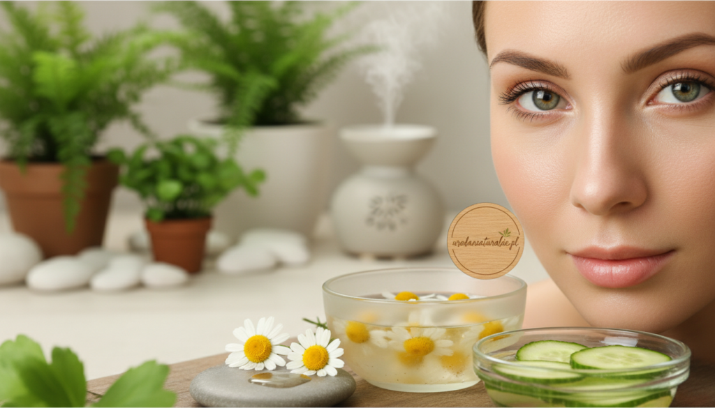 A serene close-up of a woman's face, showcasing her bright, fresh eyes. The foreground reveals delicate herbal infusions made from chamomile and cucumber, their vibrant colors suggesting natural remedies for under-eye puffiness. In the middle, soft lighting highlights her smooth skin and the natural glow, emphasizing the beauty of self-care with herbs. The background features a calming, blurred sanctuary with gentle green plants and soothing spa-like elements, creating a tranquil atmosphere. The scene captures a holistic approach to beauty, showcasing the essence of natural ingredients in daily skincare. The overall mood is refreshing and rejuvenating, inviting a sense of well-being. Include the brand name "urodanaturalnie.pl" subtly as part of the scene's aesthetic.