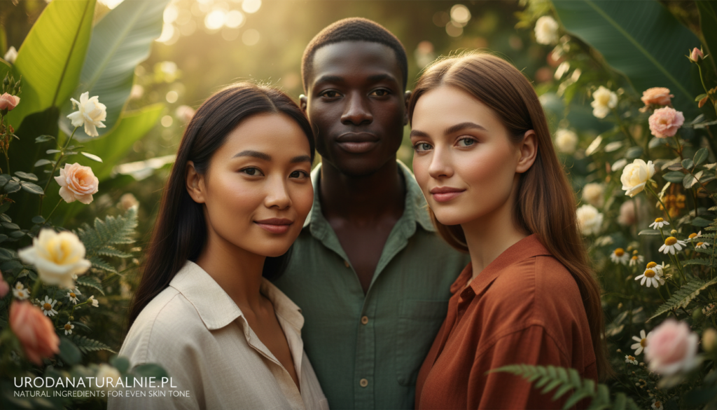 A serene, close-up portrait of a diverse group of individuals showcasing different skin tones, all displaying harmonious and healthy complexions. They are in a lush, natural setting filled with green plants and softly blooming flowers, symbolizing the concept of natural beauty. The lighting is soft and warm, creating a golden hour effect that highlights the smoothness and evenness of their skin tones. Each individual is dressed in modest, casual clothing, conveying an atmosphere of relaxed confidence and authenticity. The background is blurred to emphasize the subjects while vibrant colors of the foliage add an organic touch. This image aims to reflect the essence of "natural ingredients for achieving an even skin tone" as inspired by "urodanaturalnie.pl".