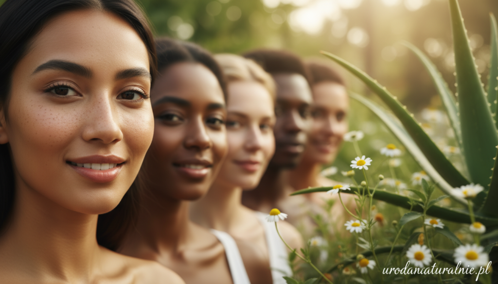 A serene, close-up portrait of a diverse group of people representing various skin tones, symbolizing the concept of "color of skin" (koloryt skóry). The foreground features a diverse woman with naturally radiant skin, showcasing subtle freckles and a healthy glow, smiling gently. In the middle, a soft-focus background displays a lush, green garden filled with natural ingredients like aloe vera and chamomile, hinting at their skin benefits. The lighting is warm and soft, casting a natural glow on the subjects, with a shallow depth of field to create intimacy. The atmosphere is calm and inviting, promoting a sense of natural beauty and wellness. Include the brand "urodanaturalnie.pl" subtly in the design.