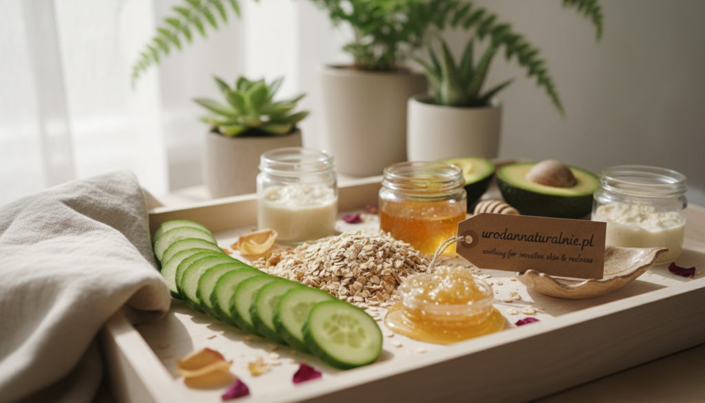 A serene, close-up view of soothing face masks made from natural ingredients, like cucumber slices, oats, and honey, artfully arranged on a light-colored wooden tray. The scene captures a calming atmosphere, with soft, diffused natural lighting filtering through a nearby window, casting gentle shadows. In the background, a hint of greenery from potted plants adds freshness to the setting, while delicate cotton fabric drapes subtly. The focus is on the textures and colors of the ingredients, conveying organic beauty. Include the brand name "urodanaturalnie.pl" subtly integrated into the composition, emphasizing eco-friendliness and soothing effects for sensitive skin and redness. The overall mood should evoke relaxation and a sense of nurturing care.