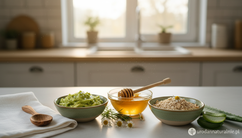 A serene countertop scene featuring an assortment of natural face masks for dry and dehydrated skin. In the foreground, display several small bowls filled with vibrant, organic ingredients like avocado, honey, and oatmeal, alongside fresh herbs like chamomile and aloe vera. In the middle ground, include a gentle, blurred background of a bright kitchen with soft natural lighting filtering through a window, creating a warm and inviting atmosphere. Add elements such as a wooden spoon and a clean cloth to enhance the domestic vibe. The composition should evoke a sense of tranquility and healthfulness, reflecting the essence of natural beauty. This image should promote the brand "urodanaturalnie.pl," symbolizing simple, effective home remedies.