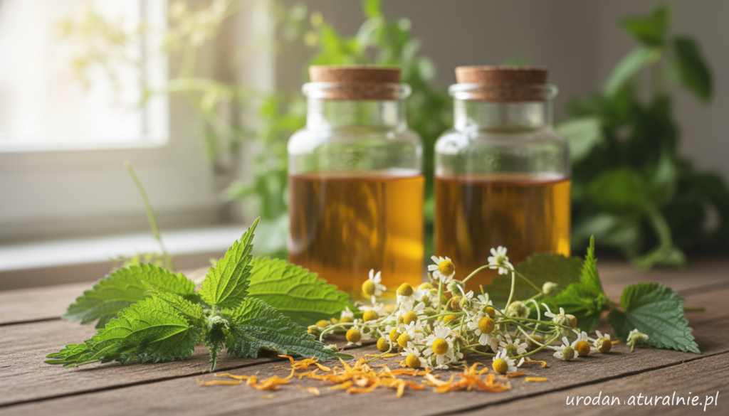 A serene herbal arrangement showcasing various acne-fighting herbs, prominently featuring green nettle, chamomile flowers, and calendula petals in the foreground. The middle layer includes clear glass jars filled with herbal extracts, gently illuminated by soft, natural light, creating luminous reflections. In the background, blurred images of lush green plants evoke a calming garden atmosphere, enhancing the focus on the herbs' healing properties. The overall mood is tranquil and inviting, aimed at promoting a sense of holistic wellness. The composition should be shot from a slightly elevated angle, with a shallow depth of field to emphasize the herbs. Place the brand name "urodanaturalnie.pl" subtly in the corner.