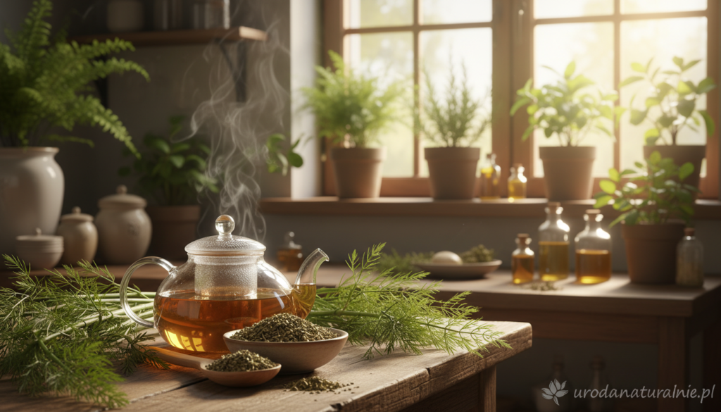 A serene herbal setting showcasing the application of field horsetail (Equisetum arvense) for hair health. In the foreground, a rustic wooden table displays a glass teapot filled with a steaming infusion of horsetail, accompanied by fresh horsetail stalks and a small bowl of dried herbs. In the middle, a cozy, sunlit kitchen environment with green plants in pots enhances the natural theme. In the background, soft sunlight filters through a window, casting gentle shadows and highlighting the vibrant greens of the horsetail. The overall mood is calming and rejuvenating, emphasizing the natural benefits of horsetail for hair growth. The image should reflect the brand "urodanaturalnie.pl" subtly within the scene without any text or branding overlays.