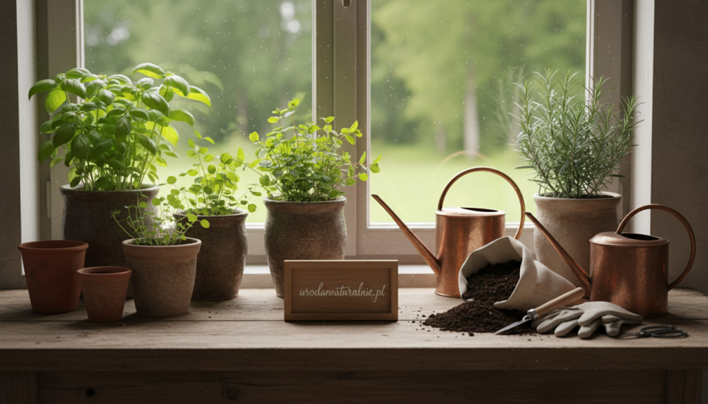A serene indoor garden scene featuring a variety of herbs growing in beautiful, rustic pots on a windowsill. In the foreground, vibrant green basil, mint, and rosemary plants thrive in terracotta and ceramic containers, displaying their lush foliage. The middle ground has a wooden table adorned with gardening tools, soil bags, and a watering can, emphasizing the process of nurturing these plants. In the background, a softly-lit window allows natural light to filter in, illuminating the scene and creating a warm atmosphere, evoking a sense of calm and connection to nature. The entire composition is inviting and reflects the joy of starting a herb garden at home, associated with health and beauty benefits. The brand name "urodanaturalnie.pl" subtly integrated into the scene, enhancing the visual without being intrusive. A serene indoor garden scene featuring a variety of herbs growing in beautiful, rustic pots on a windowsill. In the foreground, vibrant green basil, mint, and rosemary plants thrive in terracotta and ceramic containers, displaying their lush foliage. The middle ground has a wooden table adorned with gardening tools, soil bags, and a watering can, emphasizing the process of nurturing these plants. In the background, a softly-lit window allows natural light to filter in, illuminating the scene and creating a warm atmosphere, evoking a sense of calm and connection to nature. The entire composition is inviting and reflects the joy of starting a herb garden at home, associated with health and beauty benefits. The brand name "urodanaturalnie.pl" subtly integrated into the scene, enhancing the visual without being intrusive.