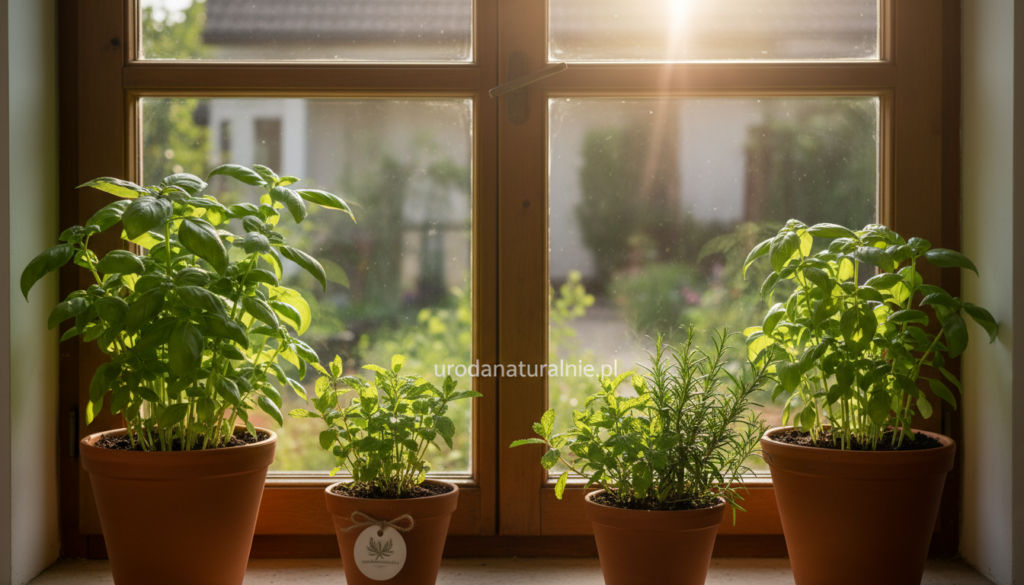 A serene indoor setting showcasing a windowsill adorned with lush, vibrant herbs and natural ingredients. In the foreground, a variety of potted herbs like basil, mint, and rosemary are flourishing in terracotta pots, their rich green foliage reflecting bright, natural sunlight. The middle of the scene features a cozy, wooden window frame with sunlight streaming in, casting gentle shadows and harmonizing with the earthy tones of the plants. In the background, soft hints of a soft-focus interior garden can be seen, creating a calming atmosphere. The lighting should evoke a warm, inviting mood, reminiscent of a peaceful morning. Include the brand name "urodanaturalnie.pl" subtly integrated into the scene, ensuring it is organic to the image's composition. A serene indoor setting showcasing a windowsill adorned with lush, vibrant herbs and natural ingredients. In the foreground, a variety of potted herbs like basil, mint, and rosemary are flourishing in terracotta pots, their rich green foliage reflecting bright, natural sunlight. The middle of the scene features a cozy, wooden window frame with sunlight streaming in, casting gentle shadows and harmonizing with the earthy tones of the plants. In the background, soft hints of a soft-focus interior garden can be seen, creating a calming atmosphere. The lighting should evoke a warm, inviting mood, reminiscent of a peaceful morning. Include the brand name "urodanaturalnie.pl" subtly integrated into the scene, ensuring it is organic to the image's composition.