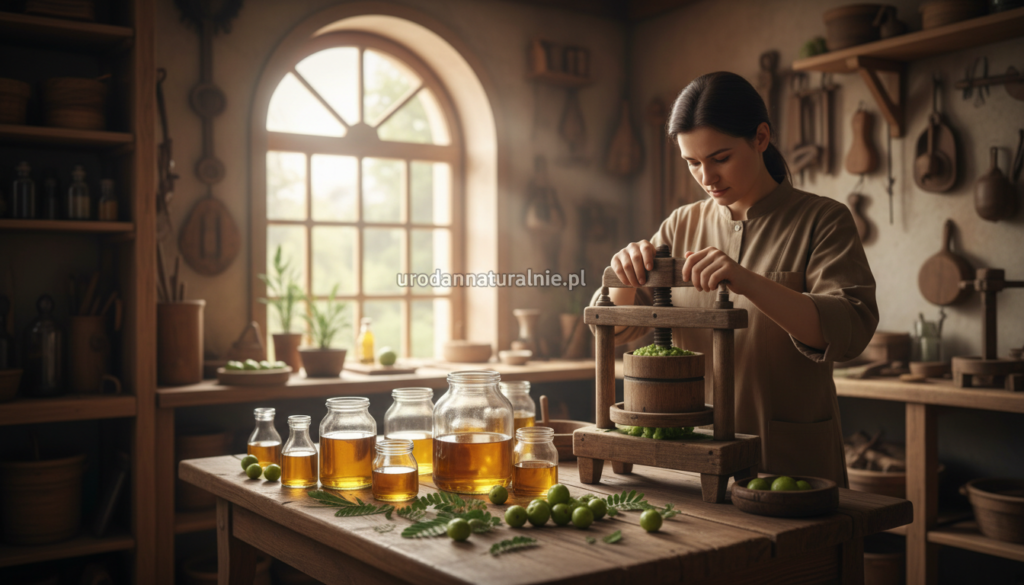 A serene, inviting scene of amla oil production, highlighting a rustic workshop filled with traditional tools. In the foreground, a skilled artisan in modest, professional attire is carefully pressing fresh amla fruits in a traditional oil extractor, showcasing the rich green color of the fruits. The middle ground features glass jars filled with golden amla oil, surrounded by scattered amla fruits and leaves, exhibiting a vibrant contrast. In the background, soft natural light filters through an open window, illuminating the warm wooden tones of the workshop, evoking a sense of authenticity and tradition. The atmosphere is peaceful and focused, capturing the essence of quality and craftsmanship in amla oil production. Include the brand name "urodanaturalnie.pl" as a subtle element within the scene. A serene, inviting scene of amla oil production, highlighting a rustic workshop filled with traditional tools. In the foreground, a skilled artisan in modest, professional attire is carefully pressing fresh amla fruits in a traditional oil extractor, showcasing the rich green color of the fruits. The middle ground features glass jars filled with golden amla oil, surrounded by scattered amla fruits and leaves, exhibiting a vibrant contrast. In the background, soft natural light filters through an open window, illuminating the warm wooden tones of the workshop, evoking a sense of authenticity and tradition. The atmosphere is peaceful and focused, capturing the essence of quality and craftsmanship in amla oil production. Include the brand name "urodanaturalnie.pl" as a subtle element within the scene.
