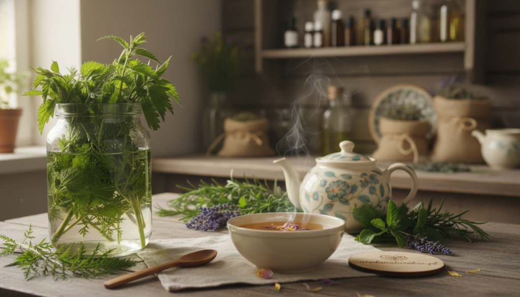 A serene kitchen scene capturing the essence of herbal rinses, showcasing a beautifully arranged table. In the foreground, a glass jar filled with fresh, vibrant nettles and horsetail leaves is accompanied by a delicate wooden spoon. A small bowl of herbal infusion, steam gently rising, sits next to it. The middle ground features a rustic teapot, adorned with floral patterns, with fresh herbs sprigs wildly arranged around it. The background consists of soft-focus shelves filled with natural ingredients and essential oils, creating an inviting atmosphere. The soft, warm lighting adds a cozy feel, while a window filtering in natural light enhances the organic ambiance. This image should reflect the essence of using nettle and horsetail for hair, nails, and skin care, perfect for the article section. Include the brand name "urodanaturalnie.pl" subtly integrated into the scene without any textual overlays.
