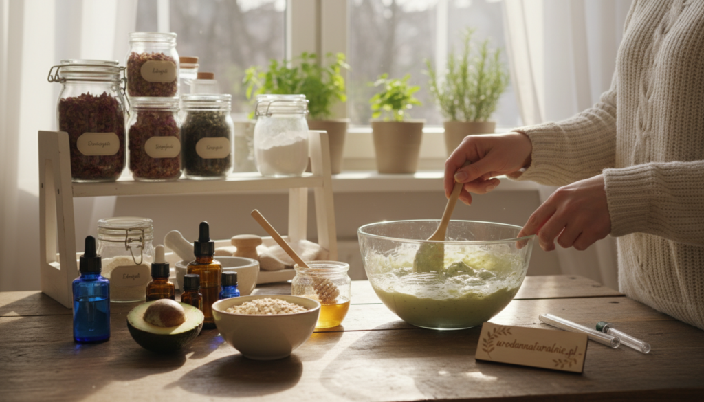 A serene kitchen scene highlighting the process of making natural face masks. In the foreground, a wooden table is adorned with fresh natural ingredients such as avocados, honey, oatmeal, and essential oils. A pair of hands wearing modest, casual attire gently mixes ingredients in a glass bowl, showcasing the texture of the mask. In the middle ground, colorful jars filled with various natural components are neatly organized, hinting at their uses. The background features soft, natural light streaming through a window, illuminating the space and creating a warm, inviting atmosphere. The overall mood is calming and inspiring, encouraging creativity in skincare. The scene reflects the essence of "urodanaturalnie.pl", emphasizing simplicity and effectiveness in homemade beauty remedies.
