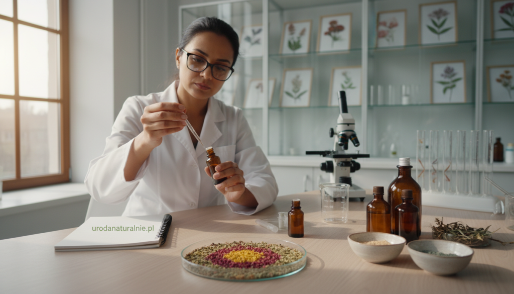 A serene laboratory setting where a scientist in a white lab coat examines various natural ingredients, such as herbs and essential oils, displayed on a modern wooden table. In the foreground, focus on an open petri dish containing a colorful array of ground herbs, representing potential allergens. The middle ground showcases the scientist, a diverse individual with glasses, carefully measuring with a dropper, highlighting a keen investigative mood. The background is softly blurred, revealing shelves lined with plant specimens and scientific equipment, illuminated by warm, natural light filtering through a large window. The atmosphere is calm yet focused, emphasizing the complexity and potential risks of natural substances. Incorporate subtle branding elements, featuring "urodanaturalnie.pl" on a notebook beside the scientist, ensuring it blends seamlessly into the scene. A serene laboratory setting where a scientist in a white lab coat examines various natural ingredients, such as herbs and essential oils, displayed on a modern wooden table. In the foreground, focus on an open petri dish containing a colorful array of ground herbs, representing potential allergens. The middle ground showcases the scientist, a diverse individual with glasses, carefully measuring with a dropper, highlighting a keen investigative mood. The background is softly blurred, revealing shelves lined with plant specimens and scientific equipment, illuminated by warm, natural light filtering through a large window. The atmosphere is calm yet focused, emphasizing the complexity and potential risks of natural substances. Incorporate subtle branding elements, featuring "urodanaturalnie.pl" on a notebook beside the scientist, ensuring it blends seamlessly into the scene.