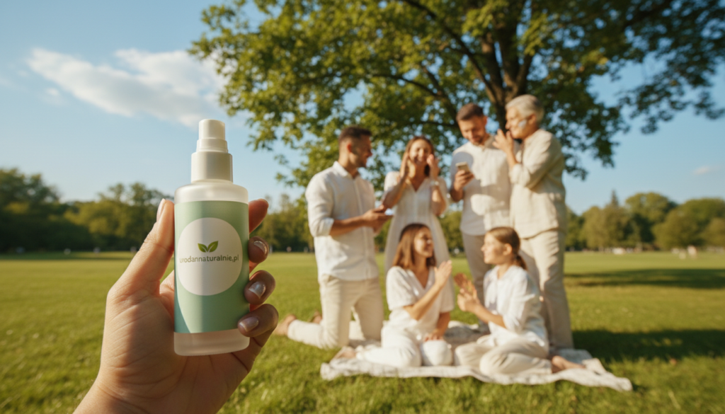 A serene outdoor scene focusing on sunscreen protection, featuring a diverse group of individuals in professional casual attire applying natural sunscreen to their faces under a soft, golden sunlight. In the foreground, a close-up of a hand holding a bottle of sunscreen branded "urodanaturalnie.pl" with clear, eco-friendly packaging. In the middle ground, a diverse family is enjoying a sunny day at the park, with lush green trees and gentle sunlight filtering through leaves. The background reveals a bright blue sky with a few fluffy clouds, contributing to a warm and inviting atmosphere. The lighting should be bright yet soft, emphasizing the importance of sun protection in reducing skin discoloration while promoting a healthy, natural lifestyle.