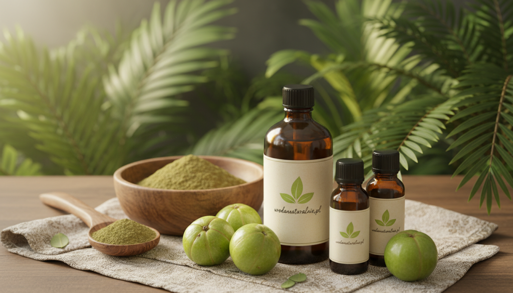 A serene scene capturing the essence of "olejowanie" with Amla oil. In the foreground, a beautifully arranged set of natural Amla oil bottles, with elegant labels featuring the brand name "urodanaturalnie.pl". Surrounding the bottles, fresh Amla fruits showcase their rich, green color. The middle ground features a wooden bowl filled with Amla powder and a hand-held wooden spoon, evoking a sense of traditional beauty care rituals. The background includes soft-focus images of lush green plants, emphasizing a natural, organic atmosphere. Warm, diffused lighting enhances the inviting mood, reminiscent of a peaceful spa environment. The angle should be slightly overhead, offering an inclusive perspective that invites viewers into this holistic beauty experience. A serene scene capturing the essence of "olejowanie" with Amla oil. In the foreground, a beautifully arranged set of natural Amla oil bottles, with elegant labels featuring the brand name "urodanaturalnie.pl". Surrounding the bottles, fresh Amla fruits showcase their rich, green color. The middle ground features a wooden bowl filled with Amla powder and a hand-held wooden spoon, evoking a sense of traditional beauty care rituals. The background includes soft-focus images of lush green plants, emphasizing a natural, organic atmosphere. Warm, diffused lighting enhances the inviting mood, reminiscent of a peaceful spa environment. The angle should be slightly overhead, offering an inclusive perspective that invites viewers into this holistic beauty experience.