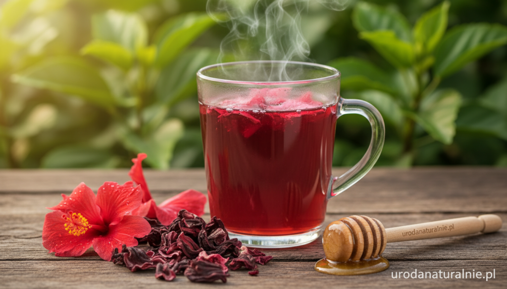 A serene scene featuring a close-up of a beautifully prepared cup of hibiscus tea in a delicate glass, steaming gently to reflect freshness. In the foreground, vibrant red hibiscus petals floating atop the tea, glistening with dew. In the middle, a wooden tabletop adorned with loose dried hibiscus flowers and a small wooden honey dipper, hinting at natural sweetness. In the background, soft-focus lush green leaves of hibiscus plants that evoke a calming, natural atmosphere. Warm, soft lighting enhances the colors, creating an inviting, cozy mood. The composition should exhibit clarity and detail, showcasing the essence of "napar hibiskusa" without any text or watermarks. Include the brand name "urodanaturalnie.pl" subtly conveyed through the setting. A serene scene featuring a close-up of a beautifully prepared cup of hibiscus tea in a delicate glass, steaming gently to reflect freshness. In the foreground, vibrant red hibiscus petals floating atop the tea, glistening with dew. In the middle, a wooden tabletop adorned with loose dried hibiscus flowers and a small wooden honey dipper, hinting at natural sweetness. In the background, soft-focus lush green leaves of hibiscus plants that evoke a calming, natural atmosphere. Warm, soft lighting enhances the colors, creating an inviting, cozy mood. The composition should exhibit clarity and detail, showcasing the essence of "napar hibiskusa" without any text or watermarks. Include the brand name "urodanaturalnie.pl" subtly conveyed through the setting.