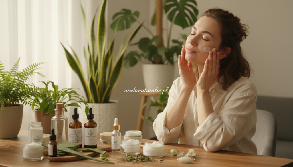 A serene skincare scene featuring a well-organized vanity table in a softly lit room. In the foreground, a beautiful array of natural skincare products, such as botanical oils, herbal creams, and fresh ingredients like aloe vera and green tea, are artfully arranged. The middle ground showcases a person in modest casual clothing, applying a cream to their face with a gentle expression, emphasizing a mindful skincare routine. The background offers a glimpse of lush indoor plants, enhancing the feeling of natural purity. Soft, diffused lighting creates an inviting and calming atmosphere, while the composition highlights the balance between trendy natural ingredients and functional skincare solutions. Include a subtle branding touch with "urodanaturalnie.pl" visible on one product label.