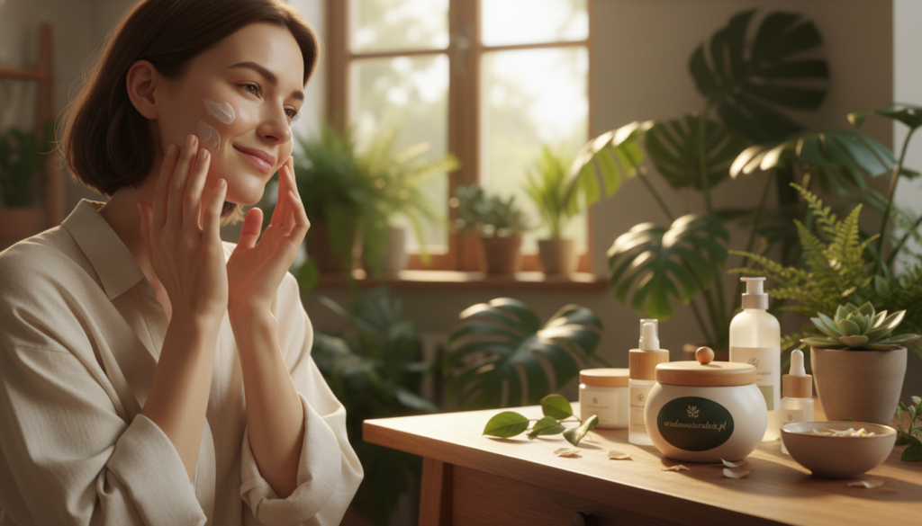 A serene skincare scene focusing on the theme of skin hydration, showcasing a healthy, glowing complexion. In the foreground, a woman in modest casual clothing, smiling gently, is applying a natural cream to her face, reflecting a sense of tranquility and self-care. Her skin appears radiant, emphasizing the benefits of hydration. The middle ground features a softly illuminated vanity with skincare products, including an elegant container labeled "urodanaturalnie.pl". The background is a calming botanical setting, with lush green plants and soft, diffused natural light filtering through a window, creating a warm and inviting atmosphere. The overall mood is peaceful and revitalizing, promoting the idea of skin rejuvenation and stress reduction.