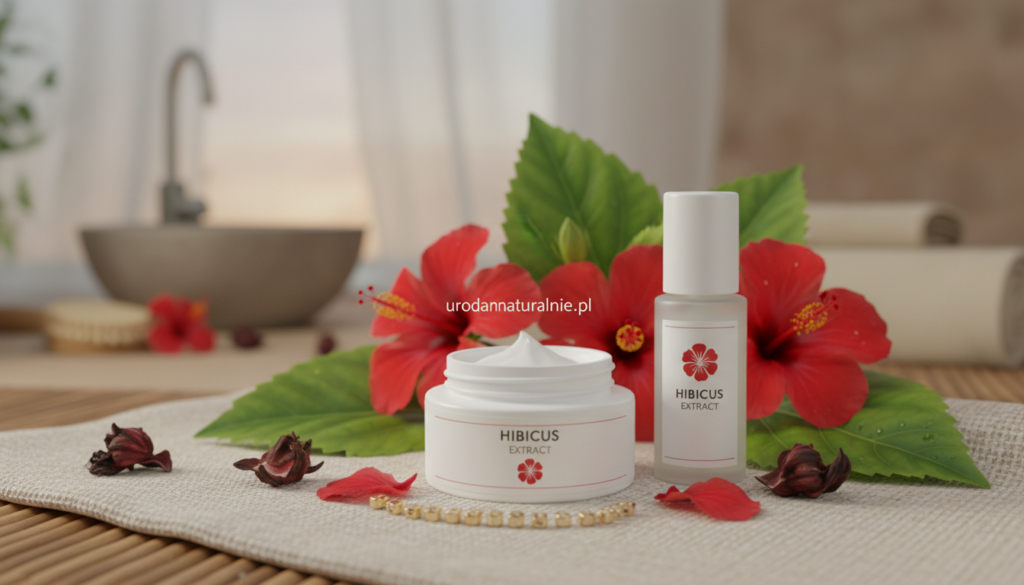 A serene skincare scene showcasing hibiscus flowers, emphasizing hydration and soothing effects. In the foreground, a beautifully arranged flat lay of skincare products, including a cream and serum infused with hibiscus extract, elegantly displayed on a soft, textured surface. The middle ground features fresh hibiscus blooms and leaves, radiating vibrant reds and greens, symbolizing natural beauty. The background consists of a softly blurred spa-like atmosphere with gentle lighting that enhances the calming effect. The scene conveys a refreshing and rejuvenating mood, inviting viewers to imagine the benefits of hibiscus in skincare. The brand name "urodanaturalnie.pl" subtly incorporated into the arrangement of products, maintaining a professional look without distracting elements. A serene skincare scene showcasing hibiscus flowers, emphasizing hydration and soothing effects. In the foreground, a beautifully arranged flat lay of skincare products, including a cream and serum infused with hibiscus extract, elegantly displayed on a soft, textured surface. The middle ground features fresh hibiscus blooms and leaves, radiating vibrant reds and greens, symbolizing natural beauty. The background consists of a softly blurred spa-like atmosphere with gentle lighting that enhances the calming effect. The scene conveys a refreshing and rejuvenating mood, inviting viewers to imagine the benefits of hibiscus in skincare. The brand name "urodanaturalnie.pl" subtly incorporated into the arrangement of products, maintaining a professional look without distracting elements.
