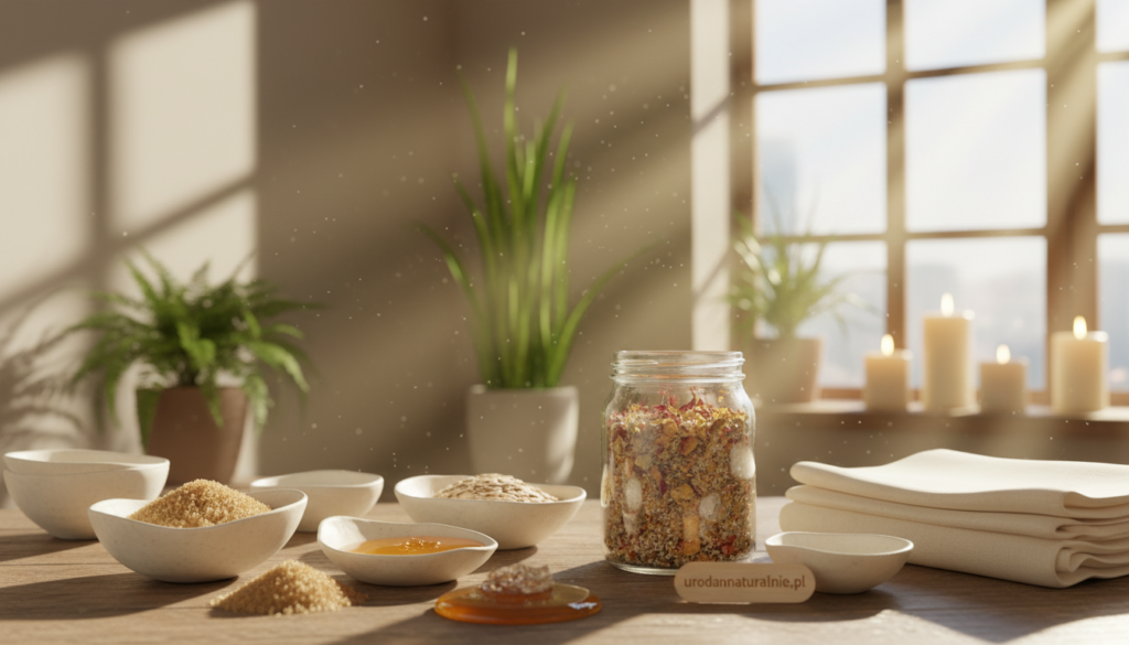A serene spa setting focused on skin cleansing and gentle exfoliation. In the foreground, a wooden table displays natural exfoliating ingredients like sugar, oatmeal, and honey, accompanied by elegant ceramic bowls and soft cloths. In the middle, a glass jar filled with a botanical cleansing scrub reflects the sunlight, casting soft shadows. Background elements include fresh green plants and calming candles, creating a tranquil atmosphere. The lighting is warm and inviting, with sunbeams filtering in through a window, adding a touch of softness to the space. The overall mood is peaceful and rejuvenating, perfect for conveying the essence of natural skincare, highlighting the brand "urodanaturalnie.pl".