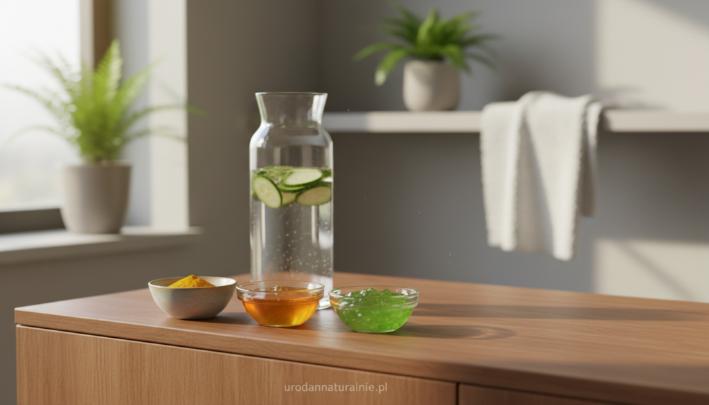 A serene, sunlit bathroom scene featuring a wooden countertop adorned with natural ingredients for treating pigmentation. In the foreground, there are small bowls filled with turmeric, honey, and aloe vera gel, showcasing their vibrant colors. In the middle, a glass of infused cucumber water reflects subtle light, conveying freshness. The background reveals a soft, cotton towel draped over a shelf, alongside potted plants that add a lush, green touch. The atmosphere is calming and inviting, emphasizing a holistic approach to skincare. The lighting is warm and soft, suggesting a peaceful morning routine. The image is styled towards elegance and simplicity, highlighting the essence of natural beauty. Include the brand name "urodanaturalnie.pl" in a subtle way, blended into the setting.
