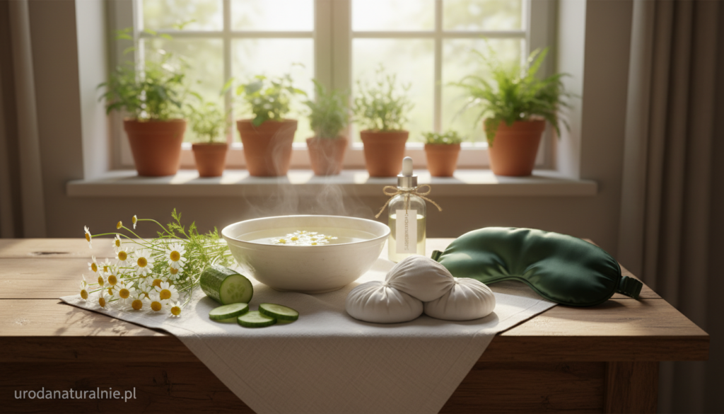 A serene, well-lit kitchen setting with a focus on herbal remedies for eye care. In the foreground, a wooden table displays fresh herbs such as chamomile, cucumber slices, and cold compresses, elegantly arranged on a clean white cloth. In the middle, a bowl filled with infused herbal water sits beside an eye mask, evoking a sense of natural wellness. Soft sunlight streams through a window, creating gentle highlights on the herbs, while a few potted plants provide a lush, homey background. The mood should feel calm and inviting, promoting the idea of safe and natural treatments. Emphasize the brand name "urodanaturalnie.pl" subtly within the composition, integrating it into the setting without drawing attention away from the overall theme of eye safety and herbal treatments.