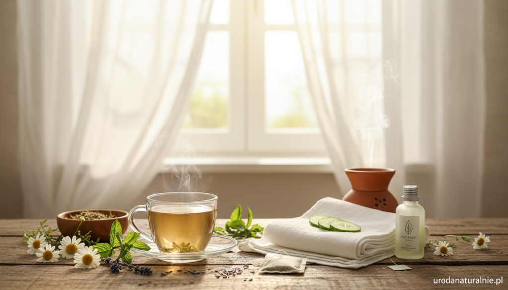 A soothing herbal tea setting with a focus on natural beauty treatments for reducing swelling under the eyes. In the foreground, a delicate cup of aromatic herbal tea is placed on a rustic wooden table, surrounded by fresh green herbs like chamomile and peppermint. In the middle ground, soft cloth compresses infused with herbal essences lie next to the tea, hinting at their calming properties. The background features a serene, sunlit window with sheer curtains gently flowing, casting a warm glow over the scene. The overall atmosphere is tranquil and rejuvenating, evoking a sense of natural wellness. The image should be styled in a clean, inviting aesthetic, perfect for a lifestyle article. Include branding subtly at the bottom: "urodanaturalnie.pl".