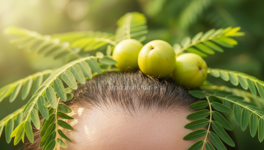 A vibrant and serene close-up image of a healthy scalp surrounded by lush, green amla leaves, symbolizing natural hair care. In the foreground, a textured representation of scalp skin with visible hair follicles, showcasing a healthy sheen. The middle ground features ripe amla fruits nestled among the leaves, evoking a sense of nourishment and vitality. The background is a soft blur of additional foliage, enhancing the depth of field. Use warm, natural lighting to create an inviting atmosphere, with gentle sunlight filtering through the leaves. Aim for a shallow depth of field to emphasize the scalp and amla fruits. This image should convey wellness and rejuvenation, reflecting the essence of hair health. Depict this in the style of a lifestyle product shot for urodanaturalnie.pl, maintaining a clean and professional look without any text overlays. A vibrant and serene close-up image of a healthy scalp surrounded by lush, green amla leaves, symbolizing natural hair care. In the foreground, a textured representation of scalp skin with visible hair follicles, showcasing a healthy sheen. The middle ground features ripe amla fruits nestled among the leaves, evoking a sense of nourishment and vitality. The background is a soft blur of additional foliage, enhancing the depth of field. Use warm, natural lighting to create an inviting atmosphere, with gentle sunlight filtering through the leaves. Aim for a shallow depth of field to emphasize the scalp and amla fruits. This image should convey wellness and rejuvenation, reflecting the essence of hair health. Depict this in the style of a lifestyle product shot for urodanaturalnie.pl, maintaining a clean and professional look without any text overlays.