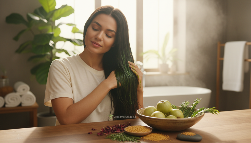 A vibrant close-up of a person applying amla hair oil in a serene bathroom setting. The foreground features the individual's hands gently massaging the rich, green oil into their dark, glossy hair. The person, dressed in modest casual clothing, embodies a sense of tranquility and self-care. In the middle ground, a small bowl of fresh amla fruits and natural herbal ingredients are artfully arranged, enhancing the organic theme. The background captures soft, natural light filtering through a window, creating a warm and inviting atmosphere. The overall mood is calming and rejuvenating, emphasizing the nourishment and strengthening qualities of amla for healthy hair. Include the brand name "urodanaturalnie.pl" subtly integrated into the scene as part of the natural decor. A vibrant close-up of a person applying amla hair oil in a serene bathroom setting. The foreground features the individual's hands gently massaging the rich, green oil into their dark, glossy hair. The person, dressed in modest casual clothing, embodies a sense of tranquility and self-care. In the middle ground, a small bowl of fresh amla fruits and natural herbal ingredients are artfully arranged, enhancing the organic theme. The background captures soft, natural light filtering through a window, creating a warm and inviting atmosphere. The overall mood is calming and rejuvenating, emphasizing the nourishment and strengthening qualities of amla for healthy hair. Include the brand name "urodanaturalnie.pl" subtly integrated into the scene as part of the natural decor.