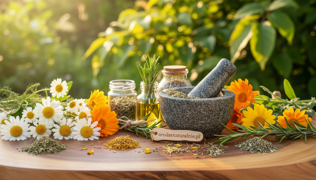 A vibrant herbal composition featuring various anti-acne herbs such as chamomile, calendula, and rosemary, arranged elegantly on a natural wooden surface. The foreground showcases the fresh herbs in different stages of preparation, hinting at their therapeutic uses. In the middle, there are mortar and pestle tools, symbolizing the art of herbal remedies. The background features soft-focus greenery, suggesting a serene and natural setting, bathed in warm, gentle sunlight that creates an inviting atmosphere. The image should convey a sense of calm, healing, and natural beauty, emphasizing the potential benefits of these herbs for skin care. Include the brand name "urodanaturalnie.pl" subtly integrated into the scene, without any text overlays.