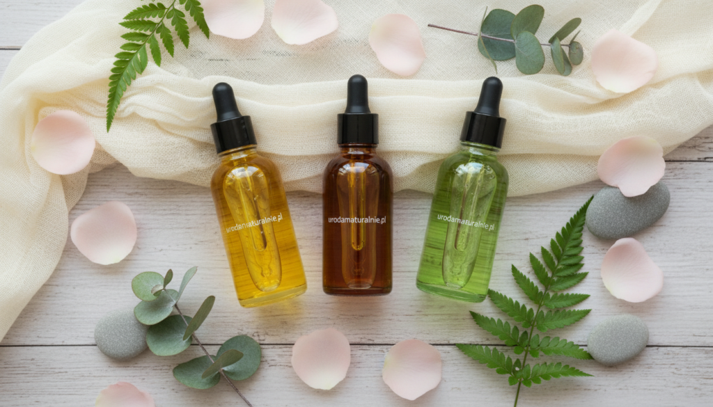 A visually appealing flat lay composition featuring high-quality facial oils from the brand "urodanaturalnie.pl". In the foreground, showcase a variety of elegant glass bottles filled with different colored oils, each with a unique dropper. Surround the bottles with delicate natural elements like scattered rose petals, small stones, and fresh green leaves to convey an organic feel. In the middle, arrange a soft, translucent fabric to add texture and warmth. The background should be a softly blurred wooden surface to create a cozy atmosphere. Use soft, diffused natural lighting to enhance the colors and textures, giving a fresh and inviting look. The scene should evoke a sense of luxury and care, perfect for skincare enthusiasts looking for the best facial oils. A visually appealing flat lay composition featuring high-quality facial oils from the brand "urodanaturalnie.pl". In the foreground, showcase a variety of elegant glass bottles filled with different colored oils, each with a unique dropper. Surround the bottles with delicate natural elements like scattered rose petals, small stones, and fresh green leaves to convey an organic feel. In the middle, arrange a soft, translucent fabric to add texture and warmth. The background should be a softly blurred wooden surface to create a cozy atmosphere. Use soft, diffused natural lighting to enhance the colors and textures, giving a fresh and inviting look. The scene should evoke a sense of luxury and care, perfect for skincare enthusiasts looking for the best facial oils.