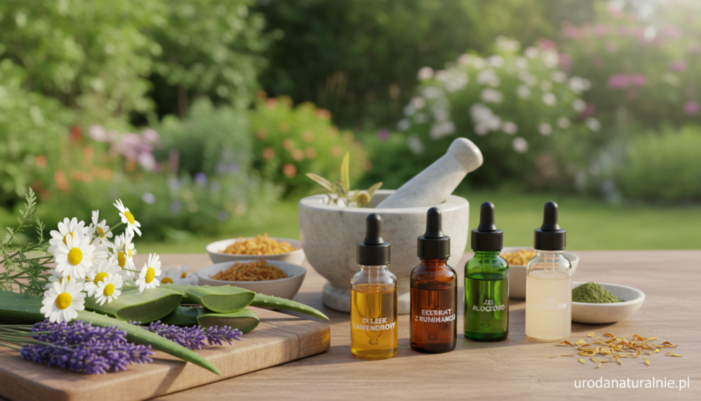 A visually captivating arrangement of various natural active ingredients essential for skincare. In the foreground, display vibrant herbs such as lavender, chamomile, and aloe vera, elegantly placed alongside jars of essential oils and extracts. The middle layer features a softly lit wooden table setting, revealing mortar and pestle, symbolizing the blending of natural elements. In the background, a serene garden scene with lush greenery and soft sunlight streaming through, creating a tranquil and inviting atmosphere. Capture the essence of organic beauty and wellness, ensuring a clean and professional aesthetic suitable for urodanaturalnie.pl. Utilize warm, natural lighting to enhance the scene's freshness and depth, with a focus on a shallow depth of field to draw attention to the foreground elements.