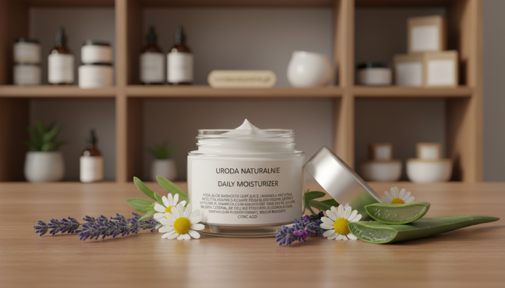 A visually captivating depiction of the concept of "INCI" (International Nomenclature of Cosmetic Ingredients). In the foreground, showcase an open cosmetic product with a clear label displaying a detailed INCI list in an elegant, minimalistic font. Surrounding the product, various natural herbs and extracts—such as lavender, chamomile, and aloe vera—are artistically arranged to symbolize their importance in natural cosmetics. The middle ground features soft, warm lighting that enhances the natural textures and colors of the ingredients, evoking a sense of tranquility and purity. In the background, gently blurred shelves lined with natural beauty products subtly suggest a well-organized beauty space. The overall mood is educational and inviting, celebrating the essence of clean beauty, with the brand name "urodanaturalnie.pl" subtly integrated into the scene, ensuring a professional and informative atmosphere.