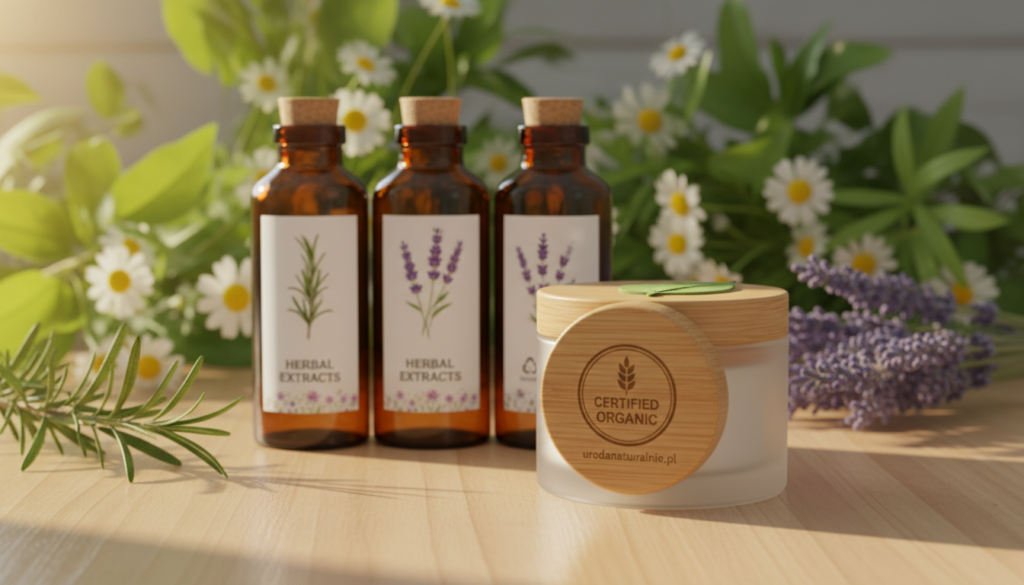 A visually engaging display of various natural cosmetic packaging arranged artfully on a wooden table, emphasizing different symbols and certifications. In the foreground, showcase an elegant, eco-friendly jar with a prominent leaf symbol and a seal indicating "organic" certification. In the middle, include a few bottles with clear labels highlighting herbal extracts, adorned with intricate floral designs. The background features a soft-focus arrangement of greenery and herbs, creating a fresh, vibrant atmosphere. Use warm, natural lighting to enhance the organic feel and bring out the textures of the packaging. The scene should reflect a mood of sustainability and purity, inviting viewers to explore the beauty of natural ingredients. Brand name: urodanaturalnie.pl.