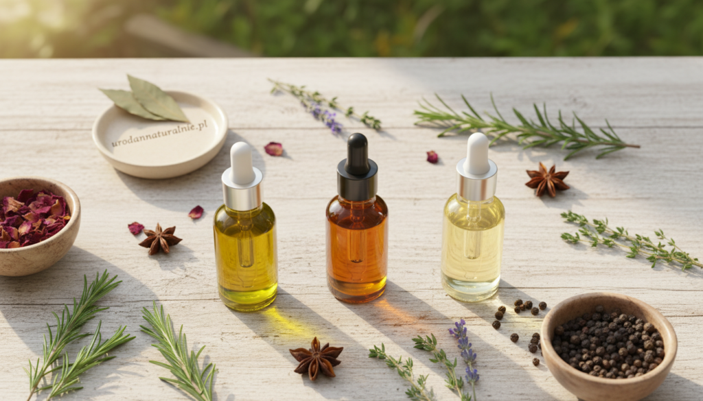 A visually engaging flat lay composition featuring various oils rich in fatty acids, including olive oil, argan oil, and jojoba oil, arranged artistically on a wooden surface. In the foreground, small glass bottles with elegant droppers display the oils, reflecting soft golden tones under natural sunlight. The middle ground includes artfully scattered fresh herbs and spices, hinting at the natural ingredients used. The background is softly blurred to emphasize the oils, with hints of green foliage adding to the organic atmosphere. The overall mood is serene and inviting, suitable for a wellness context, while representing the theme of nourishing face oils. The image should maintain the branding element of "urodanaturalnie.pl" subtly integrated into the scene. A visually engaging flat lay composition featuring various oils rich in fatty acids, including olive oil, argan oil, and jojoba oil, arranged artistically on a wooden surface. In the foreground, small glass bottles with elegant droppers display the oils, reflecting soft golden tones under natural sunlight. The middle ground includes artfully scattered fresh herbs and spices, hinting at the natural ingredients used. The background is softly blurred to emphasize the oils, with hints of green foliage adding to the organic atmosphere. The overall mood is serene and inviting, suitable for a wellness context, while representing the theme of nourishing face oils. The image should maintain the branding element of "urodanaturalnie.pl" subtly integrated into the scene.