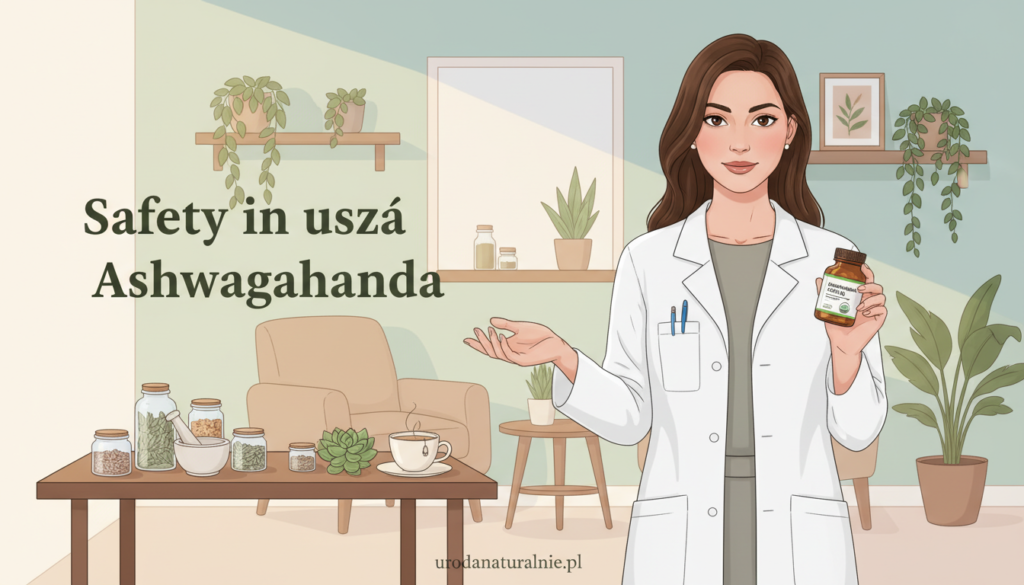 Create a serene and professional illustration focusing on the theme of "safety in the use of ashwagandha." In the foreground, depict a well-dressed female health professional in a lab coat, holding a container of ashwagandha capsules, with a calm and knowledgeable expression. The middle ground should feature a table with various natural health products and a plant, symbolizing holistic wellness. In the background, a softly lit room with greenery and soothing colors creates a tranquil atmosphere, suggesting a safe environment for health discussions. Utilize soft, natural lighting to evoke a sense of trust and professionalism. The overall mood should be reassuring and informative, reflecting the essence of safety and health. Include the brand name "urodanaturalnie.pl" subtly in the composition.